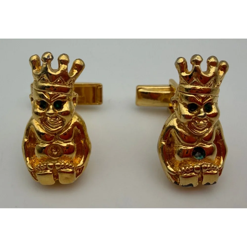 Vintage Gold Tone King Figural Cufflinks Green Red Stone Accents Pat 2974381